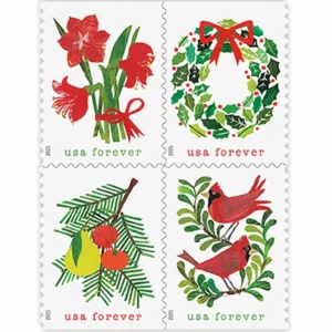 Forever Stamps 2025 Holiday Cheer – Cardinals, Wreath, Holly & Poinsettia Designs, First-Class Postage